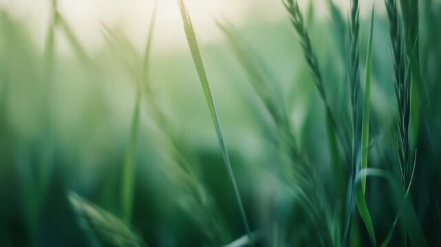 Green wheat spikes growing densely in a sunlit agricultural field, representing concepts of growth, nature, fresh harvest, and sustainability in springtime