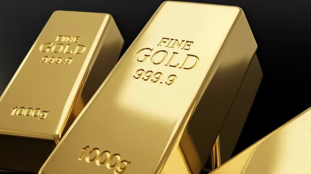 Gold bars with fine gold text and 1000g weight shown on a black background. Spectacular motion animation of investment and wealth protection, bank deposits, secure storage, growth of stocks.