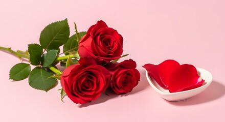 Red roses bouquet with petals on pink background minimalist romantic decor