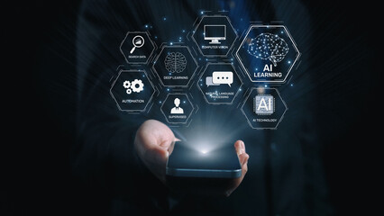 AI learning system involves deep learning, supervised machine learning, and natural language processing. AI learning diagram shows how AI advances learn in automation and data processing. Elide © InfiniteFlow
