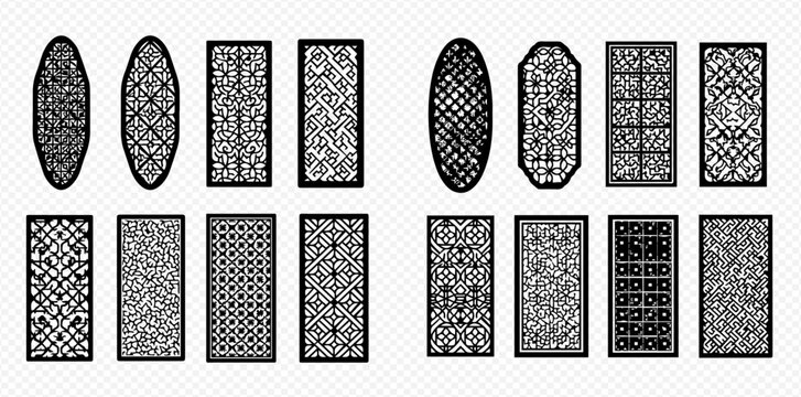 Set of decorative laser cut panels with geometric patterns, elegant screens for room dividers, privacy fences, and decorative elements.