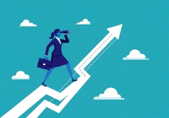 Obraz premium Businesswoman walking up arrow graph with binoculars in hand on blue background with clouds