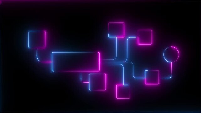 Glowing neon line banner of digital marketing concept with icons of branding, advertising, SEO, social media, devices, internet and target Business process and workflow automation with flowchart