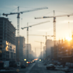Fototapeta premium Dynamic blurred cityscape at dawn with multiple towering construction cranes shaping new urban horizons and future development