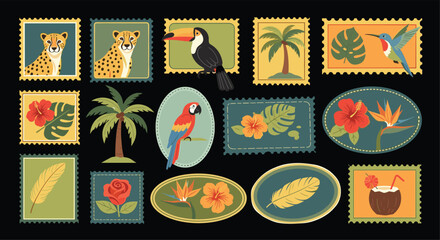 Tropical travel postage stamp set with cheetah toucan macaw hummingbird palm trees hibiscus flowers and exotic coconut cocktail in flat vintage style © VectoVerse