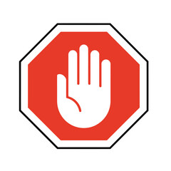 Obraz premium A red octagonal stop sign with a white open hand symbol in the center, outlined with a black border, indicating a halt or prohibition.