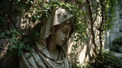 Obraz premium Weathered Stone Statue of a Woman with Drapery, Antique Sculpture, Detail of Ancient Artwork, Historical Garden Ornament.