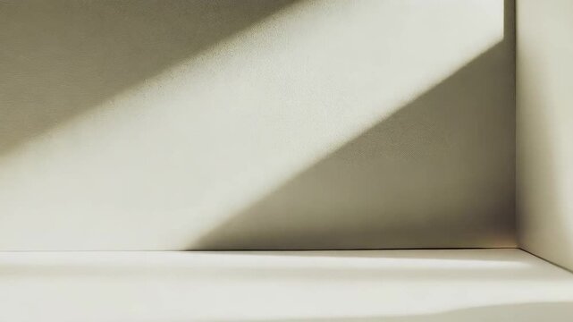Light rays entering an empty room, casting dramatic shadows and illuminating the clean walls and floor, creating a simple abstract background for product display