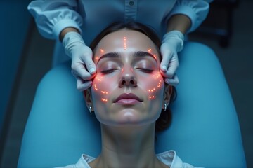 Title: Woman Receives Advanced Holographic Acupuncture Treatment with AI-Guided Needles for Headache Relief and Skin Therapy.