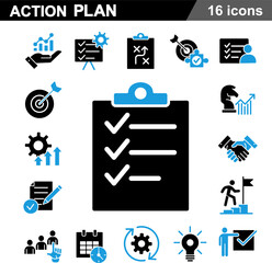 Strategic Execution Toolkit 16 Action Plan Icons for Goal Setting, Performance Tracking and Project Completion Graphics
