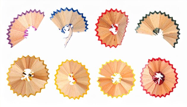 Eight colorful pencil shavings arranged symmetrically, showcasing vibrant edges and natural wood texture.