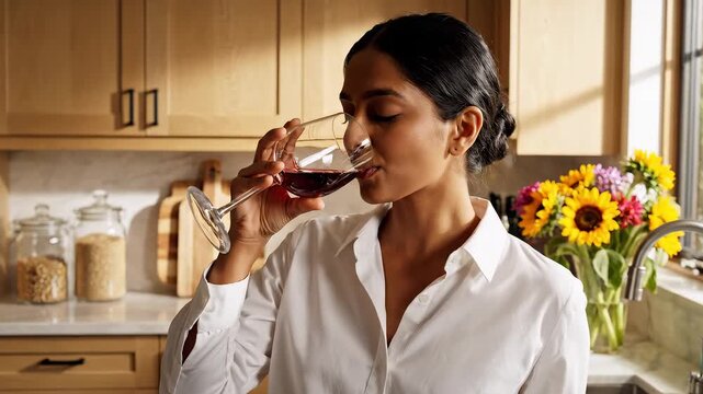 Woman holding wine glass in kitchen