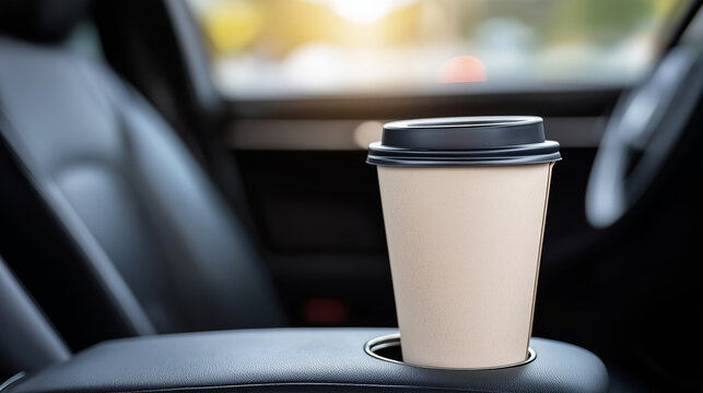 Disposable coffee cup sitting securely in a car's cup holder, representing daily commute, travel, and convenience