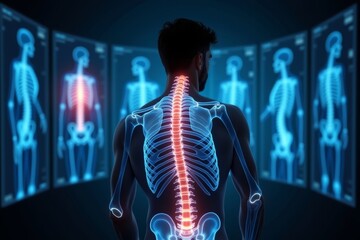 Man showcasing stunning holographic screens depicting AI-generated 3D models of his osteoporosis and osteoarthritis-affected back joints.