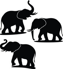 Obraz premium Elephant silhouette set showing walking and standing poses, wild animal illustration isolated on white background, nature wildlife concept