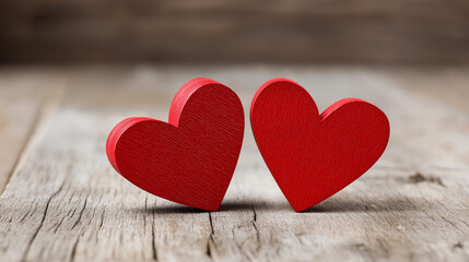 Fototapeta premium Two red wooden hearts standing together on a rustic timber surface representing connection and romance