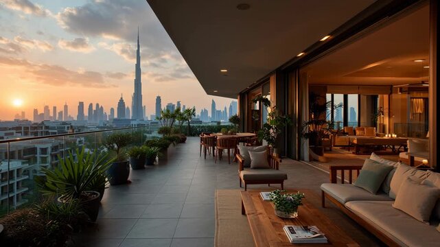 Hyperlapse of Dubai's golden hour sunset from a penthouse balcony overlooking the city skyline