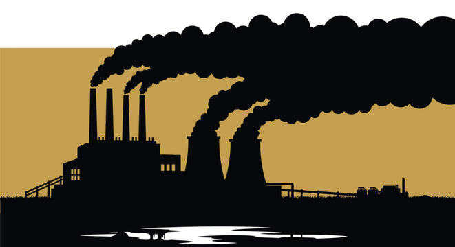 Silhouette of industrial factory emitting dark smoke against a golden sky