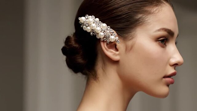 Elegant young woman showcasing a delicate side swept pearl and rhinestone hair accessory adorned in her classic updo hairstyle