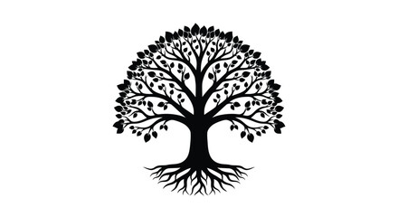 Obraz premium A stylized black tree with dense foliage and visible root system