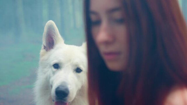 A beautiful redhead woman and a wolf sharing a serene moment in the forest