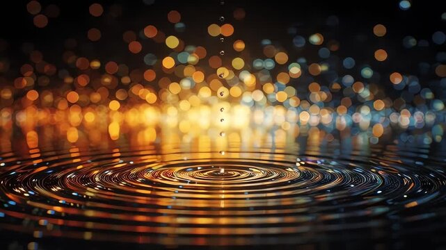 Abstract water drop creates concentric ripples with vibrant orange and blue bokeh lights for modern backgrounds