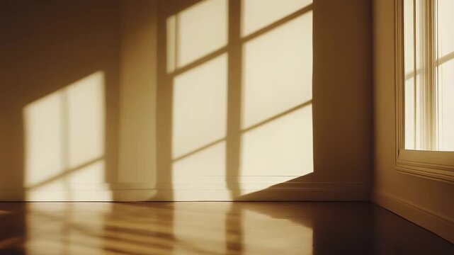 Empty interior bathed in warm morning sun, geometric window shadows cross the clean hardwood floor and wall, creating a calm, inviting, minimalist atmosphere with copyspace