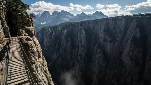 Dramatic suspension bridge over mountainous canyon with scenic views