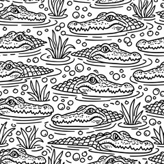 Seamless crocodile pattern in black and white line art style, hand drawn repeating illustration of alligators in water for textile, wallpaper and kids design © Dima