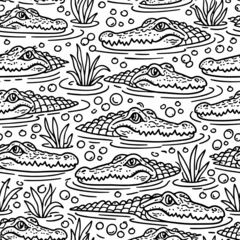 Seamless crocodile pattern in black and white line art style, hand drawn repeating illustration of alligators in water for textile, wallpaper and kids design © Dima
