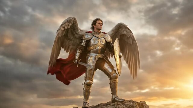 Archangel michael in armor with sword and shield standing on a cliff, symbolizing protection and divine strength in changing skies.
