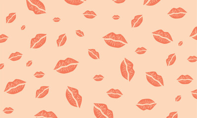 Seamless peach background with pink hand-drawn lips pattern, Valentine's day background, romantic, wedding, holidays background