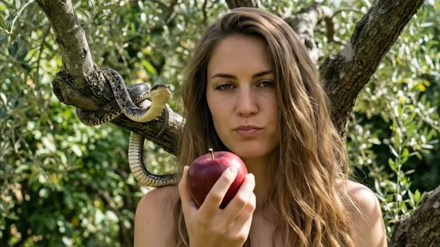 Woman holding red apple with snake on tree branch, representing temptation and sin in religious allegory for creation story.