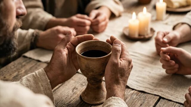 Man raising hands in prayer then holding sacred chalice with wine during ritual meal. Communion tradition, religious worship concept.