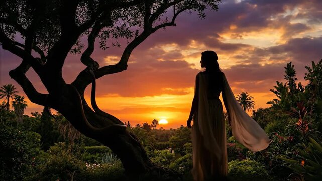 Woman in silhouette stands by a tree with a snake at sunset, revealing her dress and flowing fabric in an evolving biblical scene.