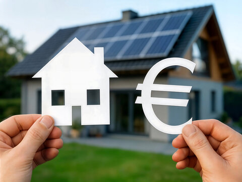 Mains tenant une maison et le symbole euro en papier, arri&egrave;re plan sur la maison &eacute;quip&eacute;e de panneaux photovolta&iuml;que sur le toit, investissement et &eacute;conomie d'&eacute;nergie