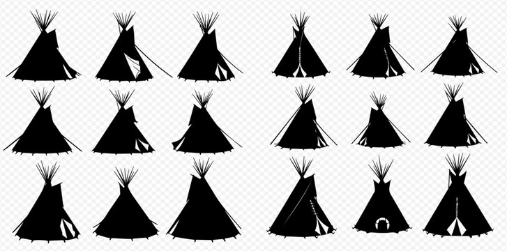 Collection of Black Tipi Silhouettes on Transparent Background.