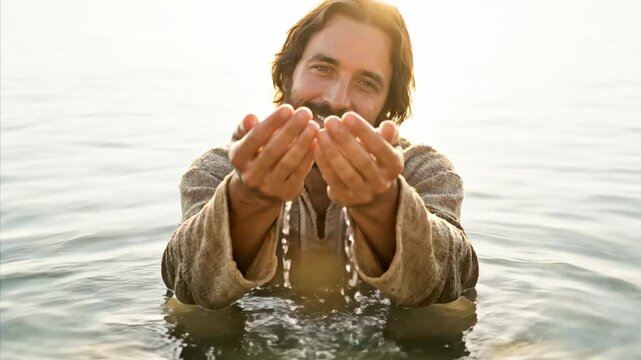 Man in water with cupped hands gesture. The concept of receiving blessing or giving water. Religious baptism or offering.