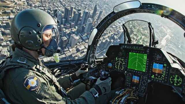 Pilot in cockpit flying over city