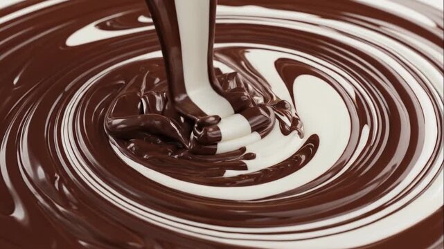 Swirling mixture of dark chocolate and white cream close up texture