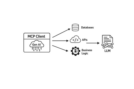 Minimal Line Art Vector Illustration of AI System Architecture Diagram with MCP Client, APIs, Database and LLM Integration