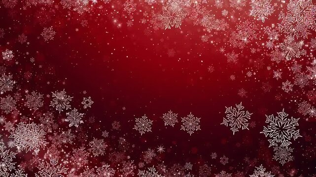 Festive red background with sparkling white snowflakes creating a beautiful winter border, perfect for holiday designs and seasonal greetings.