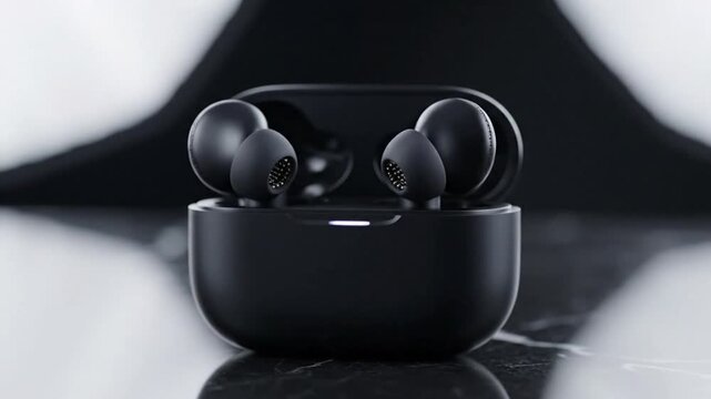 Black Wireless Earbuds with Charging Case, Modern Audio Technology, Close-up Studio Shot