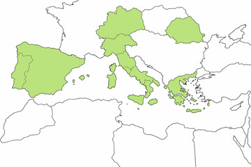 Obraz premium Map of Southern Europe highlighted in green: Iberian Peninsula, Italy, Greece, vector illustration