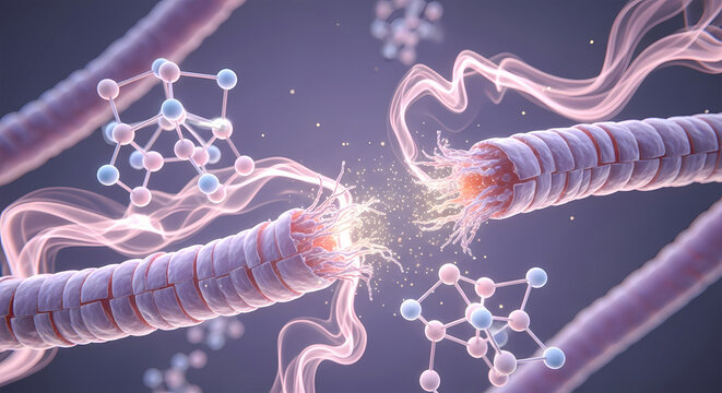 Abstract visualization of a damaged nerve fiber with molecules