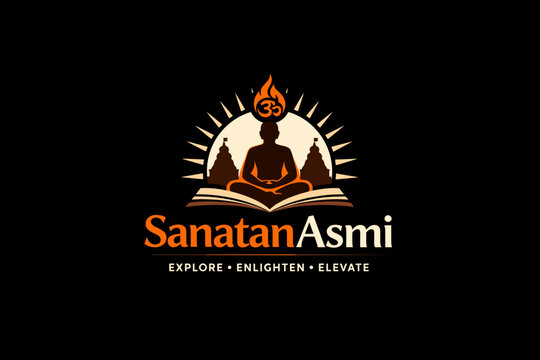 Minimalist Vector Logo Design - Sanatan Asmi with Meditating Buddha Silhouette on Open Book, Om Symbol with Flame, Radiating Sunburst, Temple Silhouettes, Spiritual Emblem on Black Background
