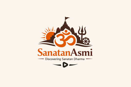 Minimalist Vector Logo Design - Sanatan Asmi with Large Om Symbol, Hindu Temple Silhouette, Rising Sun, Shiva Trident, Dharmachakra Wheel, Discovering Sanatan Dharma, Orange and Brown Spiritual Emblem