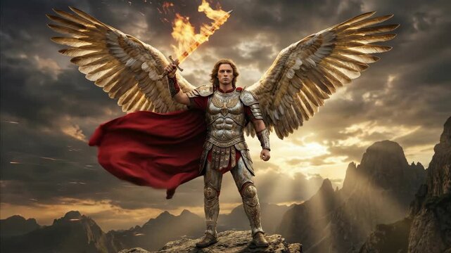 Archangel michael in armor with flaming sword stands on a mountain at sunset, powerful christian warrior concept.
