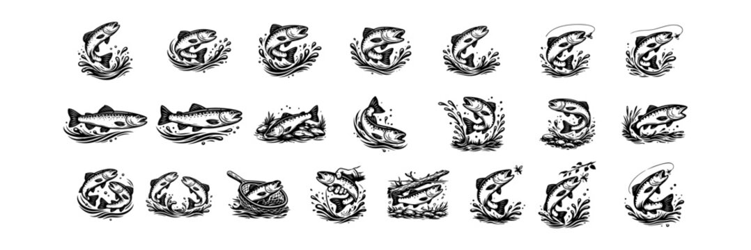 Trout Fishing Illustration Set &ndash; Vintage Engraving Style Trout with Splash Designs