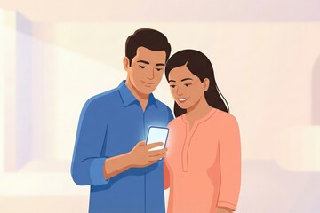 Fototapeta premium Indian Couple Checking Online Payment Together – Mobile Banking Illustration
